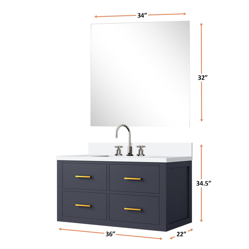 Bleu 36 po L 35 po x P 22 po avec comptoir en quartz blanc et comptoir de robinet, robinet, miroir inclus, Bleu