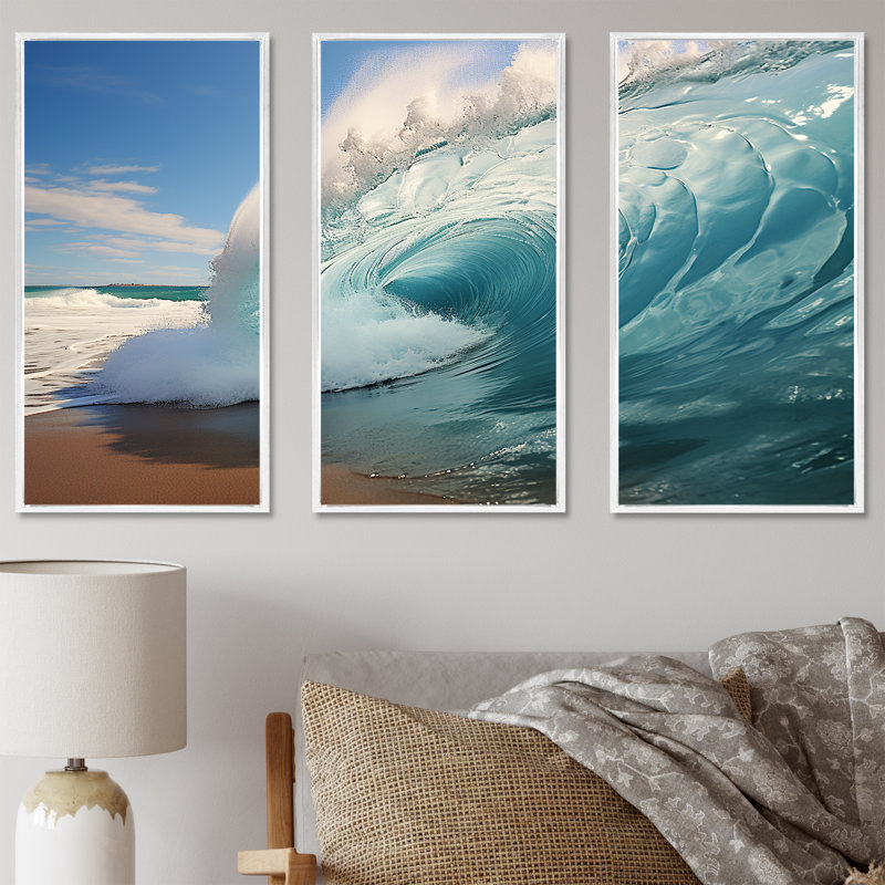 «Turquoise Ocean's Force Unleashed II», ensemble d'art sur toile côtière, H 40 po x l 60 po x P 1 po, Cadre flottant blanc