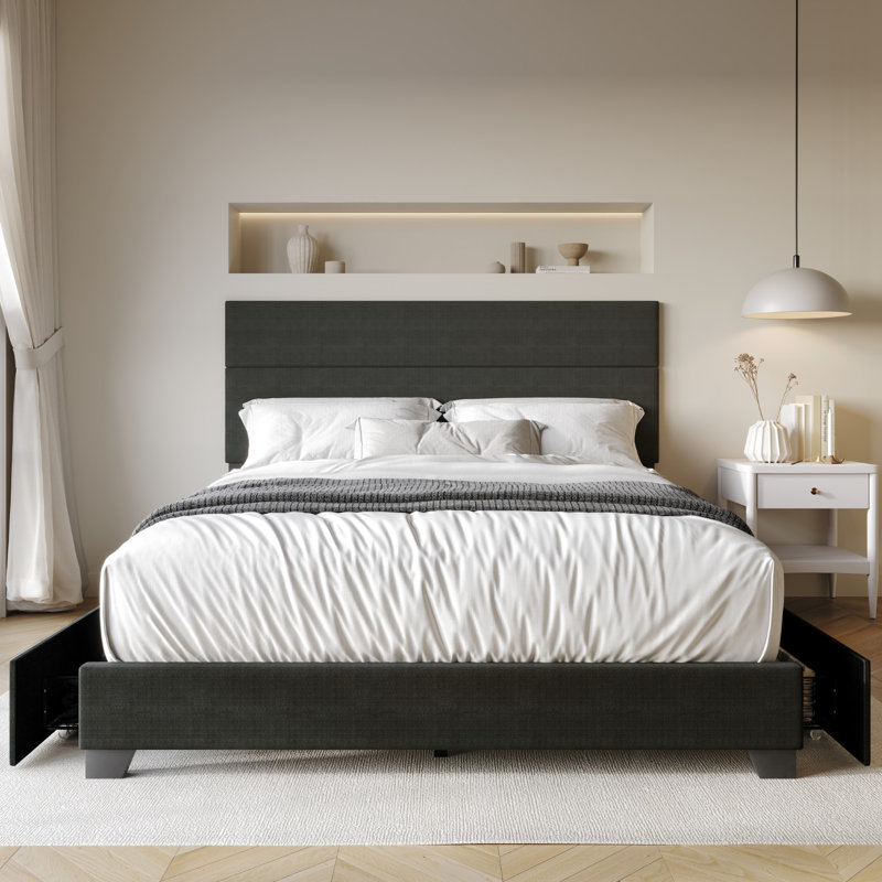 Upholstered Storage Platform Bed, Full, Charcoal Gray