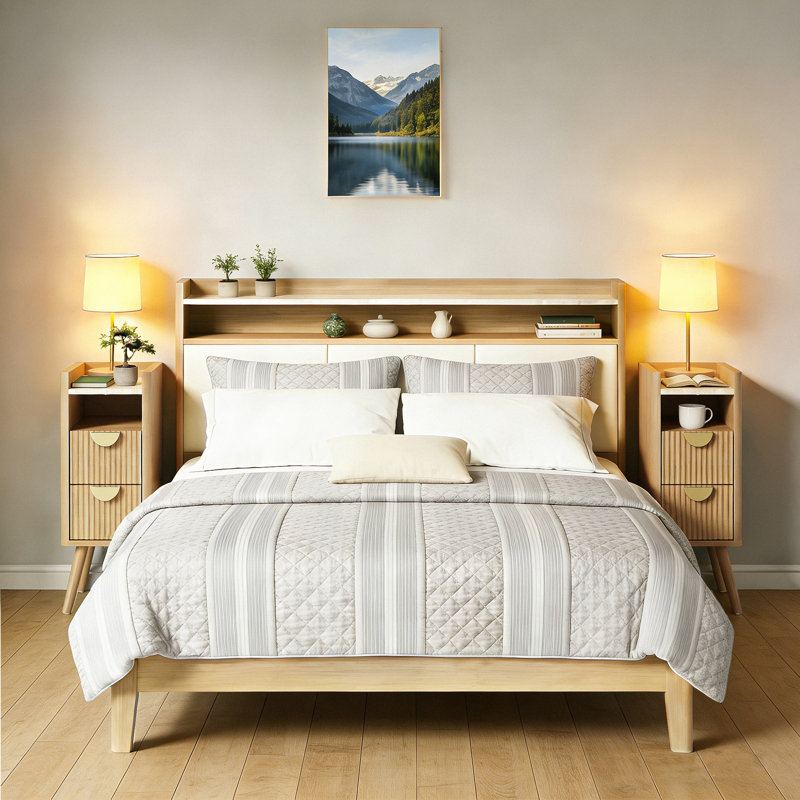 Nightstand with 2 Drawer, Set of 2, Tan