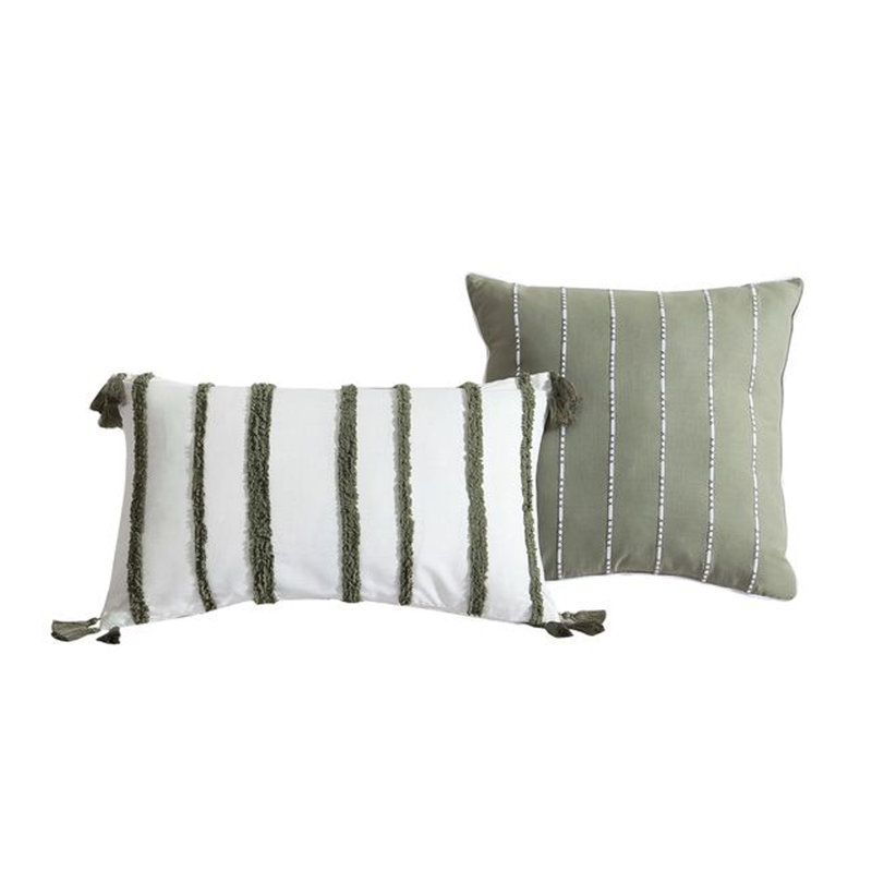 Ensemble d'édredon 5 pièces Meo, rayures jacquard tissées texturées vertes, Édredon pour grand lit + 2 taies décoratives pou