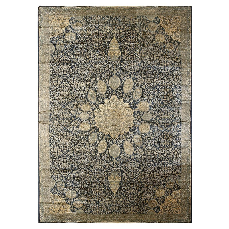 1920s Traditional Dark Blue Field Medallion Antique Indian Lahore Gallery Carpet