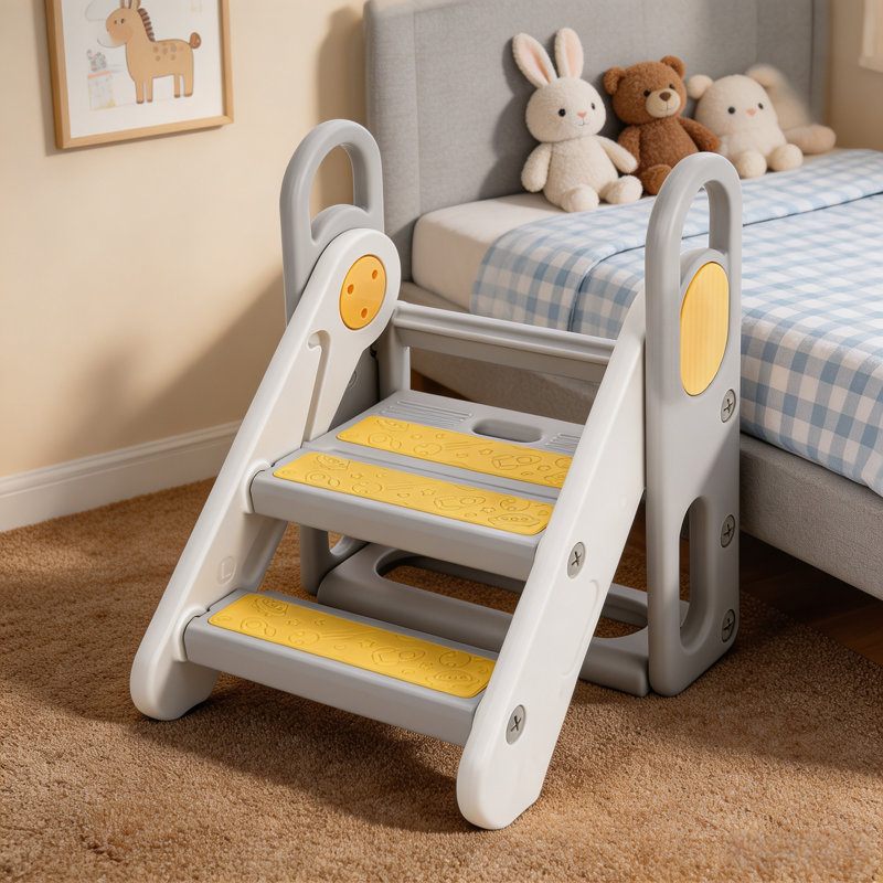 Tabouret réglable pour enfants de 7,3 po de largeur, panneau rotatif à 270 °, structure antidérapante triangulaire, tour debout en PEHD certifié PCC, assemblage sans outil pour un usage domestique, jaune