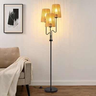 Lampe sur pied en rotin à intensité variable avec télécommande, température de couleur réglable, têtes d'éclairage rotatives pour la chambre à coucher, le salon et le coin