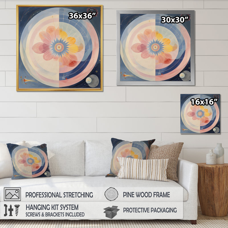 «Universal Blossoming Pastel Harmony I - Abstract Spirals», reproduction d'art, 24" H x 24" W, Cadre flottant doré