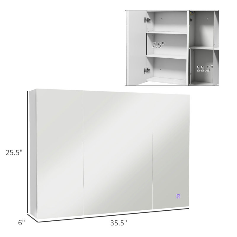 Wall Mounted Bathroom Mirror Cabinet - 35.5"w X 6"d 25.5"h, White, Adjustable Shelves, Lights Medicine With Charge And 25.5"h 6"d, Shelf