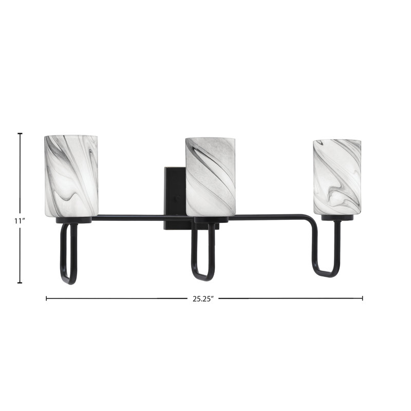 Barre d'éclairage de salle de bain 3 lumières Amarmula, finition noir mat, verre tourbillon onyx 4 po, Noir