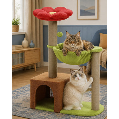 Un perchoir supérieur en forme de fleur couronne cet arbre à chat brun de 35 pouces pour chatons et petits chats ; en dessous se trouvent un hamac à cadre métallique, des poteaux à griffer en sisal, un condo rose confortable et une base robuste et stable.
