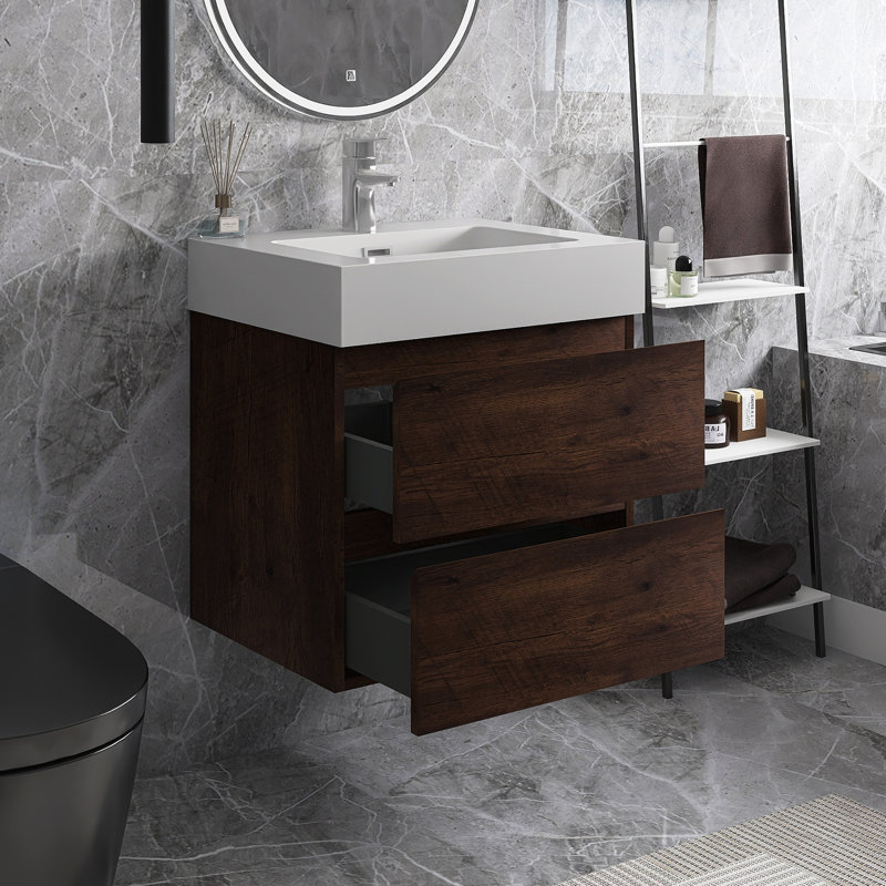 24 po Meuble-lavabo mural simple avec plateau en résine blanche, Noyer