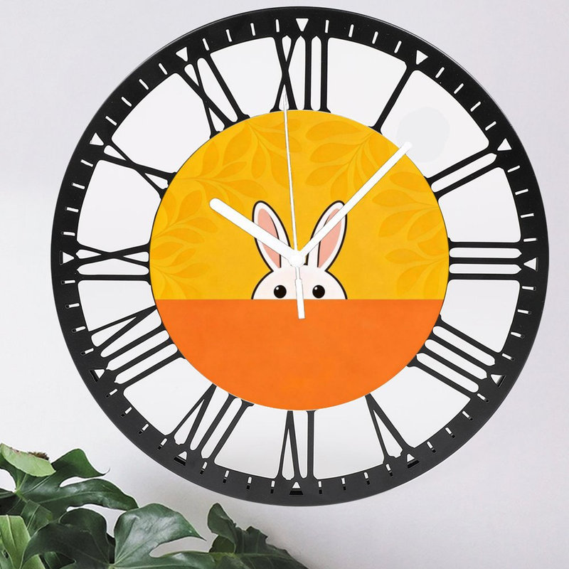 Horloge murale ronde en fer 10 po avec mouvement à quartz silencieux, chiffres romains, impression UV, Lapin