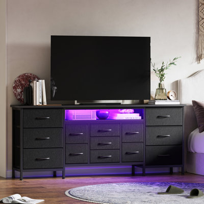 70 Inch Long Dresser with 13 Fabric Drawers and LED Lights, Wide Chest of Drawers TV Stand for 65-80 Inch TVs, Large Bedroom Storage with Power Outlet by Ebern Designs