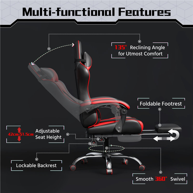Inbox Zero Adjustable Reclining Ergonomic Faux Leather Swiveling Floor Game Chair with Footrest, Black/Red