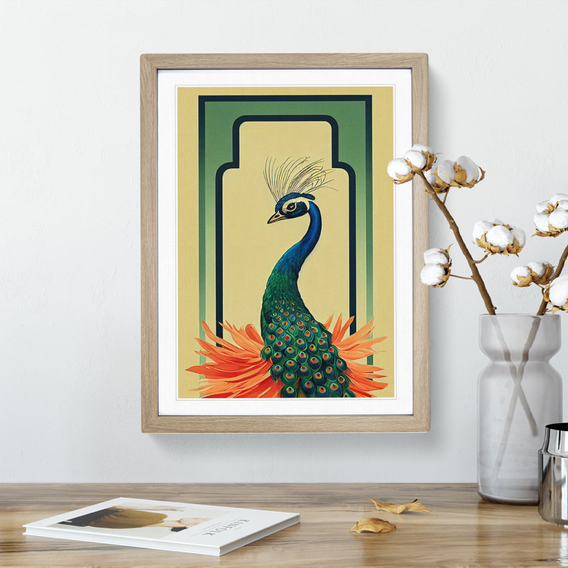 Peacock Art Deco No.2 - Framed Print, 64cm H x 46cm W, Oak