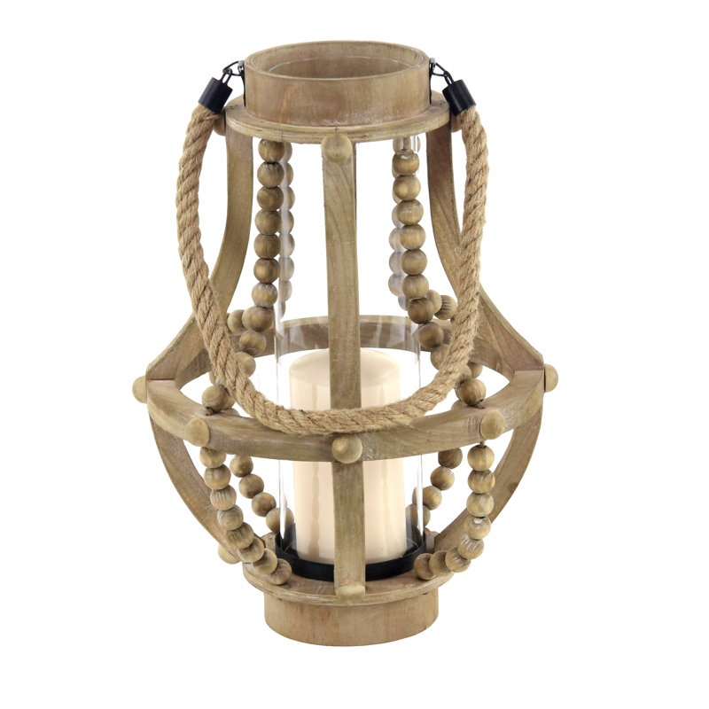 16" H Reclaimed Wood Beaded Candle Lantern