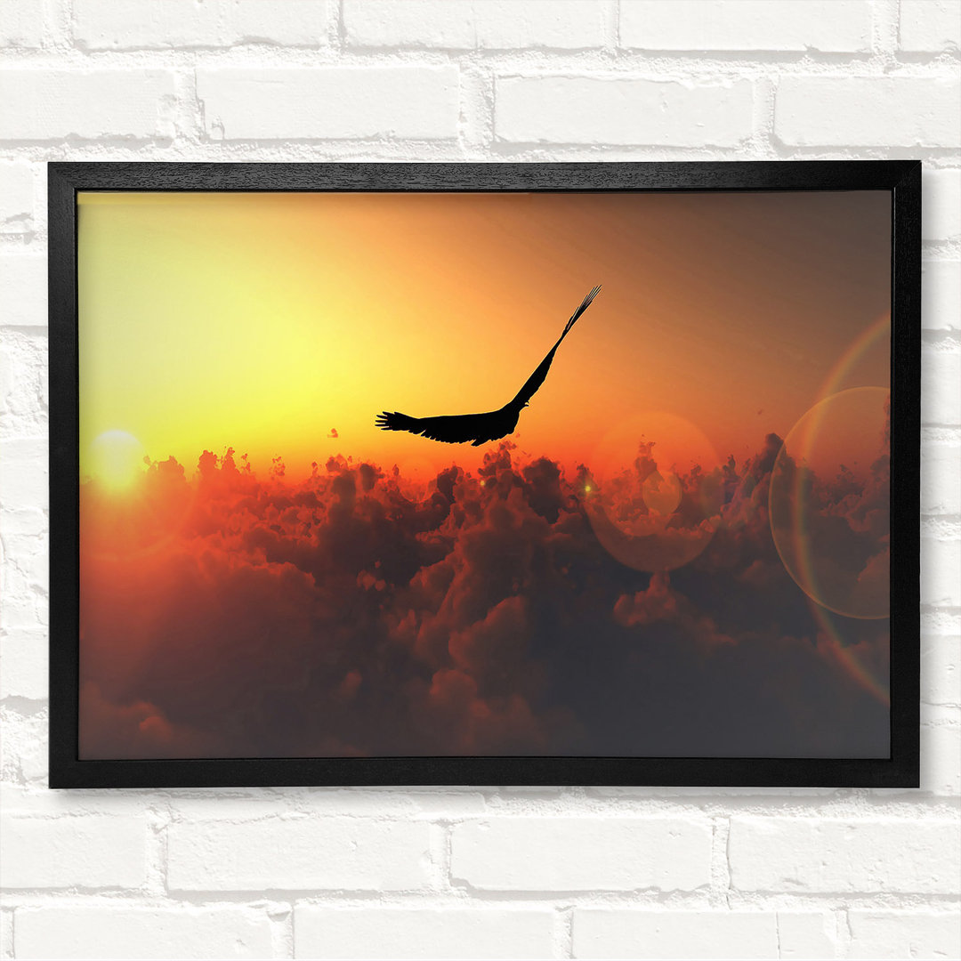 Eagle Flying In The Burnt Orange Sky - Closed Corner Frame Kunstdrucke auf Holz