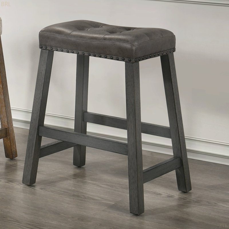 Rustic Backless Counter Stool Set Of 2 – 25 Inch Wooden Farmhouse Barstool With Leather Seat,Sturdy Frame – Space-Saving Counter-Height Seating For Kitchen & Bar