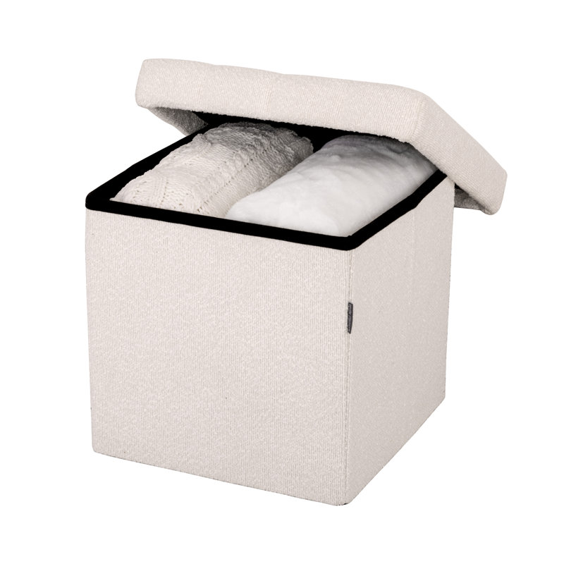 15.7" Upholstered Ottoman with Storage, White Boucle