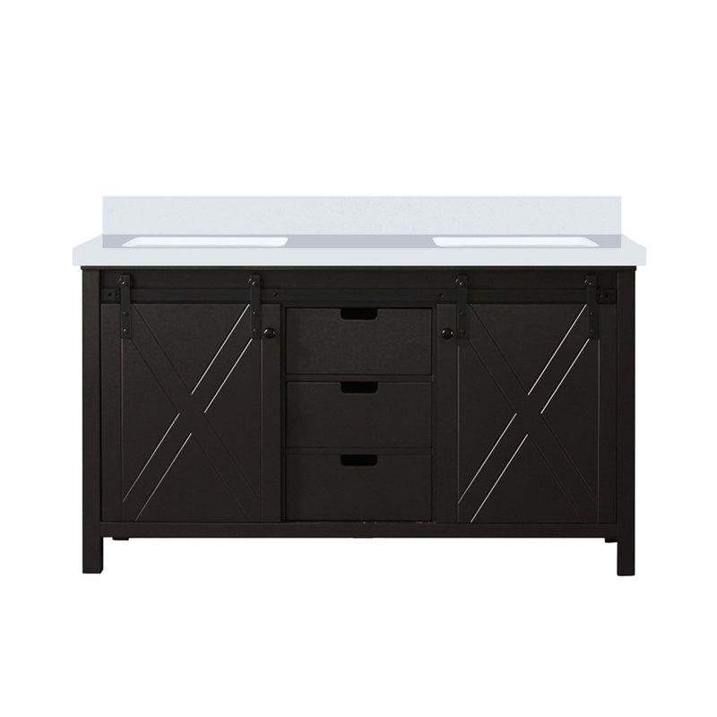 Meuble-lavabo double brun 60 po Largeur x 22 profondeur - plateau en marbre de culture, construction en bois massif, mécanisme de fermeture en douceur, égratignure et teinture, deux armoires, trois tablettes ouvertes pour un rangement riche, 8