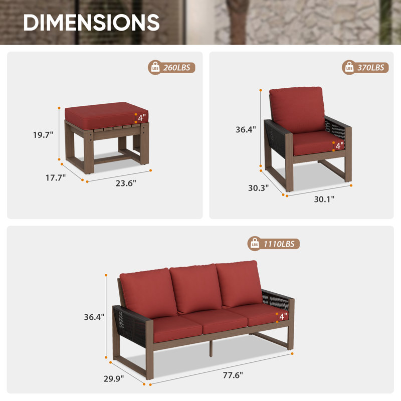 5-Person Outdoor Patio Cedar Wood Brown Round Wicker Sofa Seating Group with Olefin Thick Cushions,  Ottomans, Red