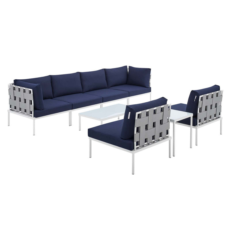 Ensemble de canapé modulaire d'extérieur en aluminium 8 pièces Sunbrella Harmony par Modway, Sunbrella® bleu marine