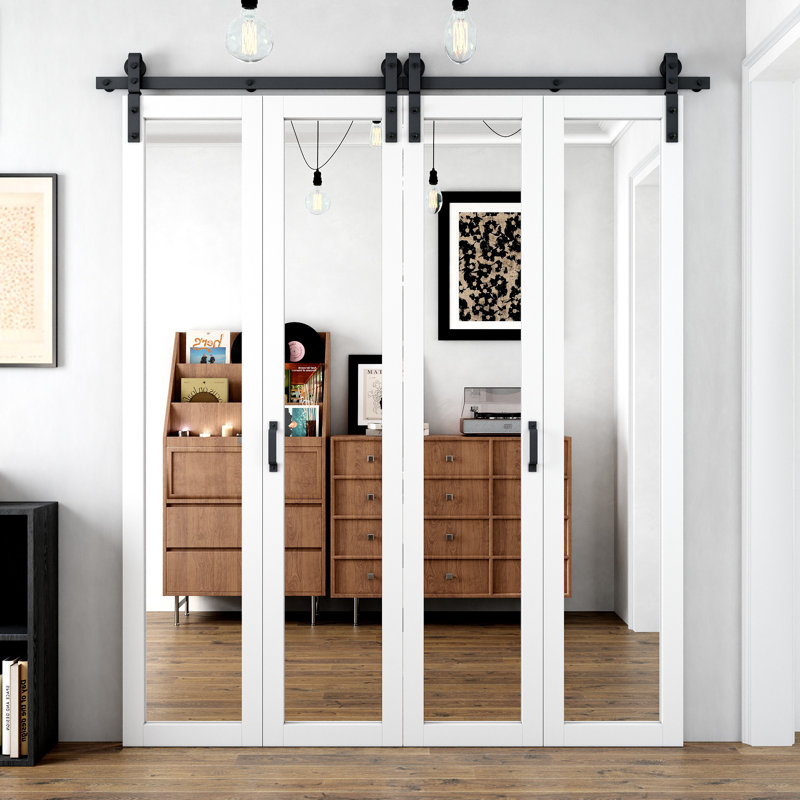 Porte de grange pliante à un vantail avec miroir, 213 cm (84 po), en bois massif fabriqué, préassemblée et peignable. Porte de grange pliante double de 127 cm x 213 cm (50 po x 84 po) avec trousse de quincaillerie d'installation (idéale pour les petits placards, le garde-manger, la buanderie et la salle de bain).