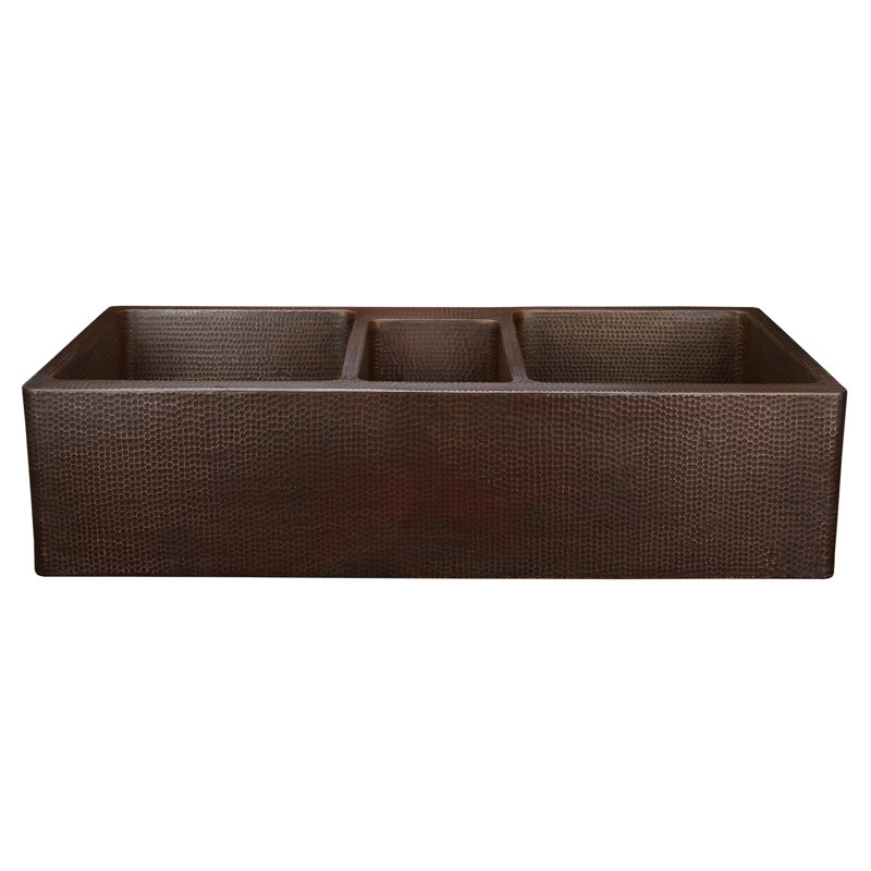 42" Hammered Copper Kitchen Apron Triple Basin Sink w/ Matching Drains and Accessories