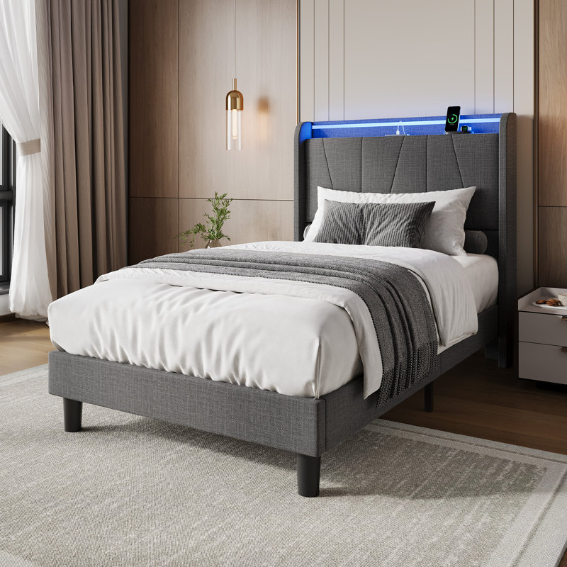 Platform Bed Frame with Charging Station & LED Lights - Upholstered Headboard, Wooden Slats, Under Bed Storage - Noise-Free, Easy Assembly - Twin Size, Grey