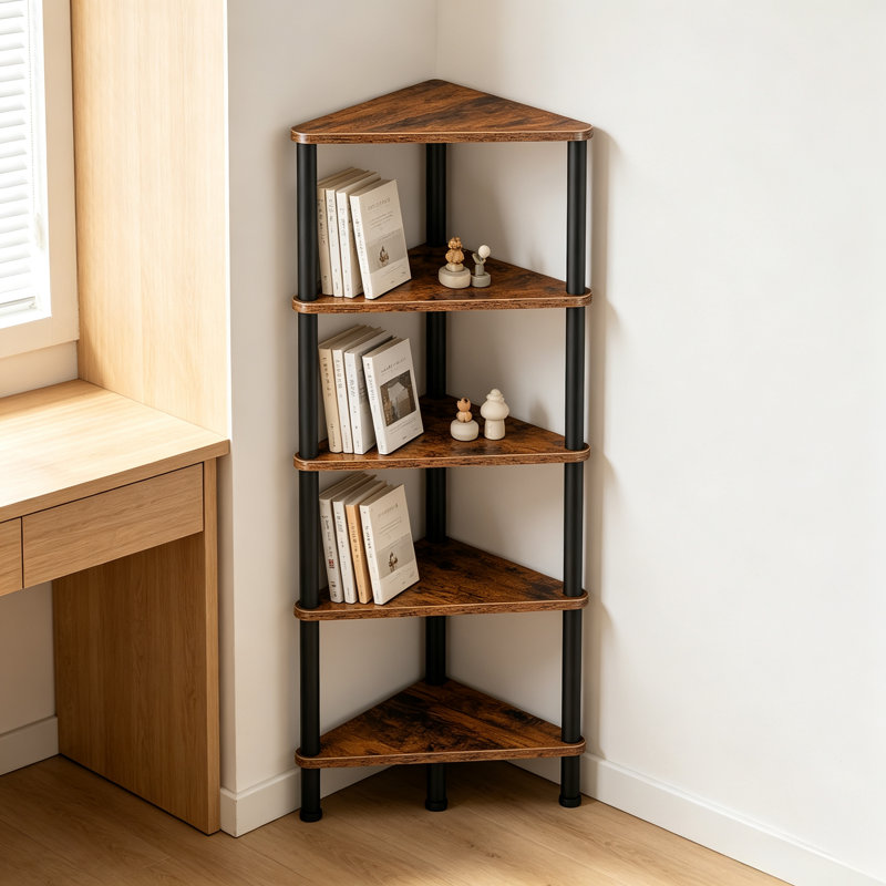 Industrial 5-Tier Corner Shelf – Vintage Bookshelf & Plant Stand, Rustic Brown