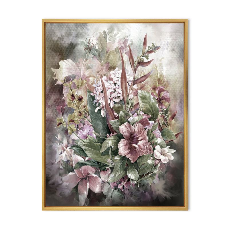 Grunge rose gris, fleurs d'été - décoration murale traditionnelle en toile, H 36 po x l 24 po x P 1 po, Cadre flottant doré