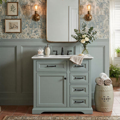 Meuble-lavabo autoportant de 36 po avec lavabo en céramique, structure en bois d'hévéa massif, 2 tiroirs et organisateur de porte et tablette réglable (noir / bleu)