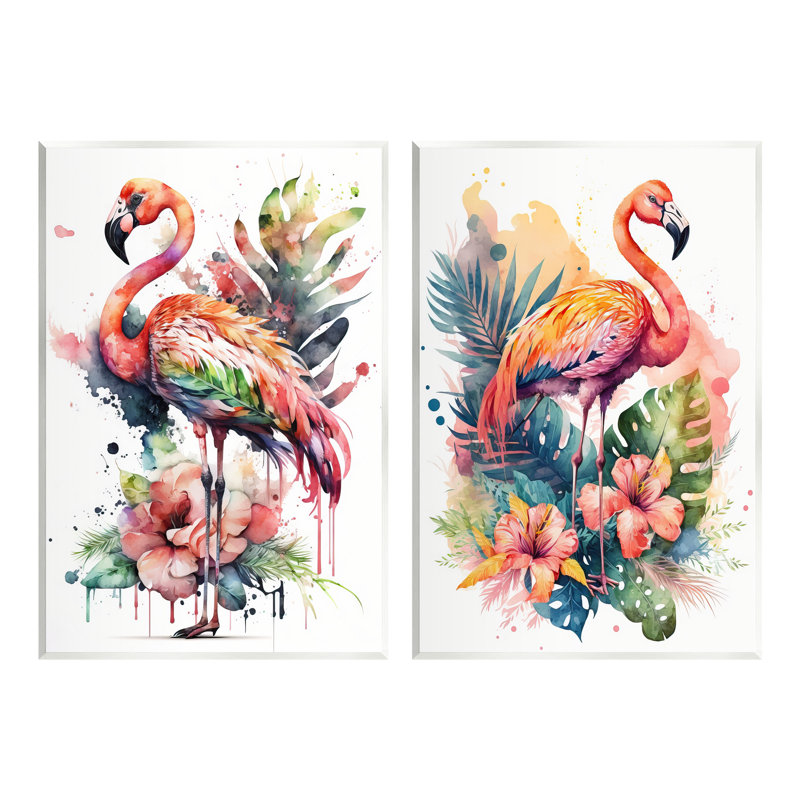 Modern Tropical Flamingos Wall Art Set in Multicolor MDF Wood