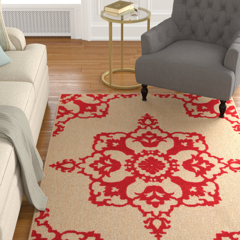 Tapis sable / rouge à motif floral Laub, Rectangle 7 pi 10 po x 10 pi 10 po