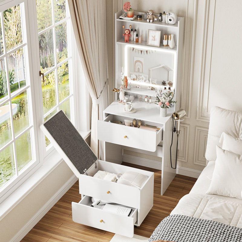 Small Vanity Desk Set With 3 Adjustable Lighted Mirror, White