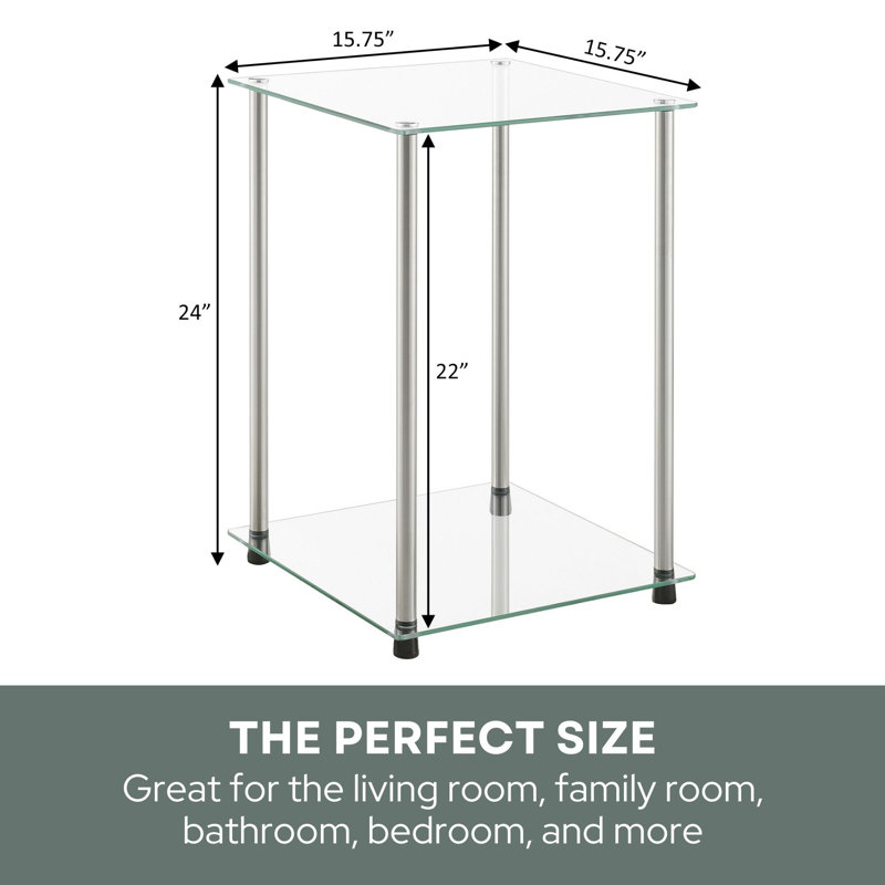 Beckett Square Glass End Table with Stainless Steel Metal Poles