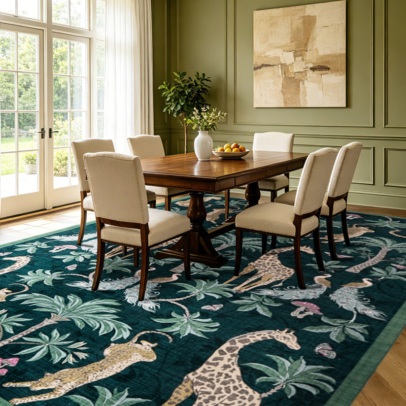 Tapis lavable à motif botanique tropical, Sarcelle, Rectangle 9 pi x 12 pi