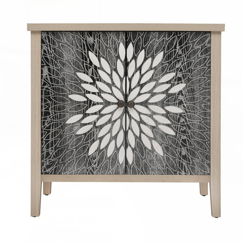 Armoire de rangement sculptée à 2 portes avec tablette réglable, Naturel/noir