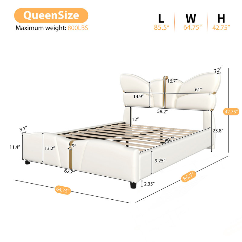Grand lit plateforme tapissier avec tête de lit papillon, détails décoratifs et aucun sommier requis, Grand lit, Beige
