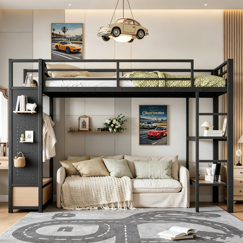 Lit superposé double au-dessus de double avec tablettes de rangement, lits superposés en métal avec tiroirs et panneau perforé, structure de lit superposé non grinçant et stable pour les adolescents et les adultes, noir
