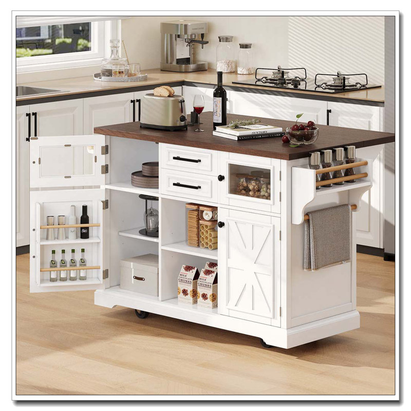 54.9" Farmhouse Kitchen Island with Cross Barn Doors & Power Outlet, White