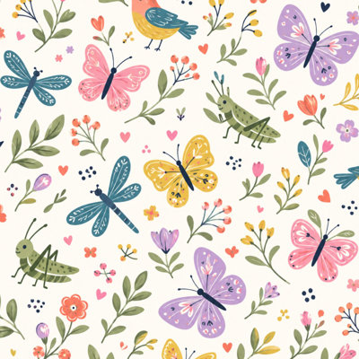Peel and Stick Wallpaper Whimsical Floral Butterfly Birds Insects Contact Paper Removable Self Adhesive Wall Mural Wall Decor for Bedroom Kitchen Cabinets 24in x 118in