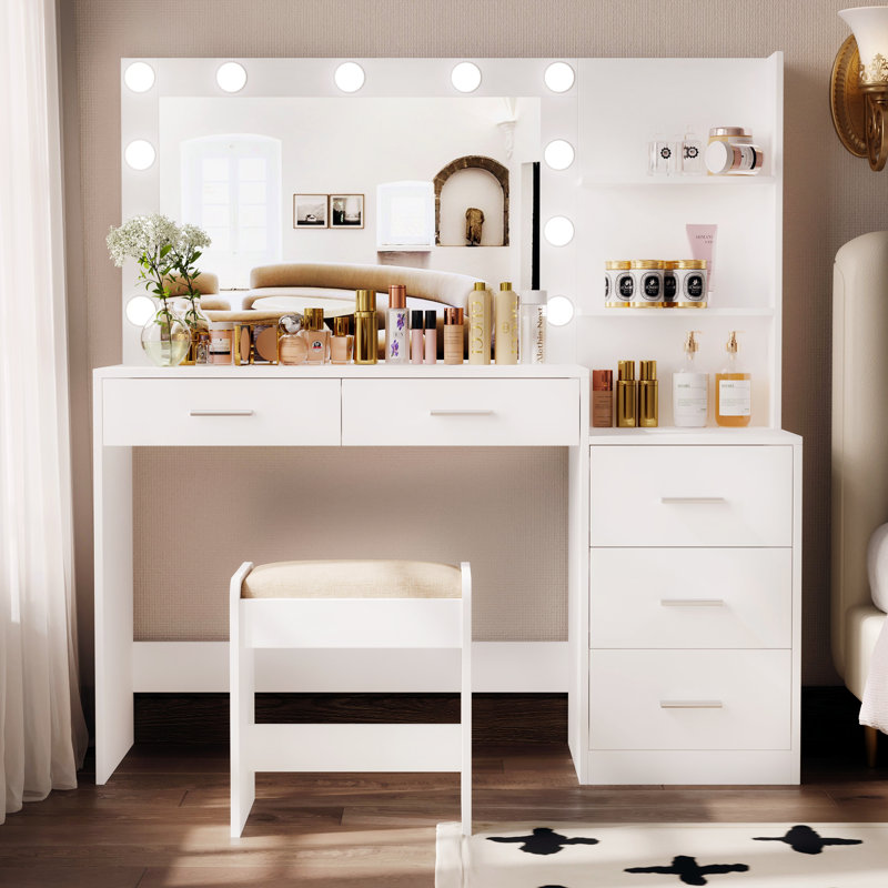 Freman Vanity Table Set, Makeup Vanity Desk with Lights and Mirror, Dressing Table, White