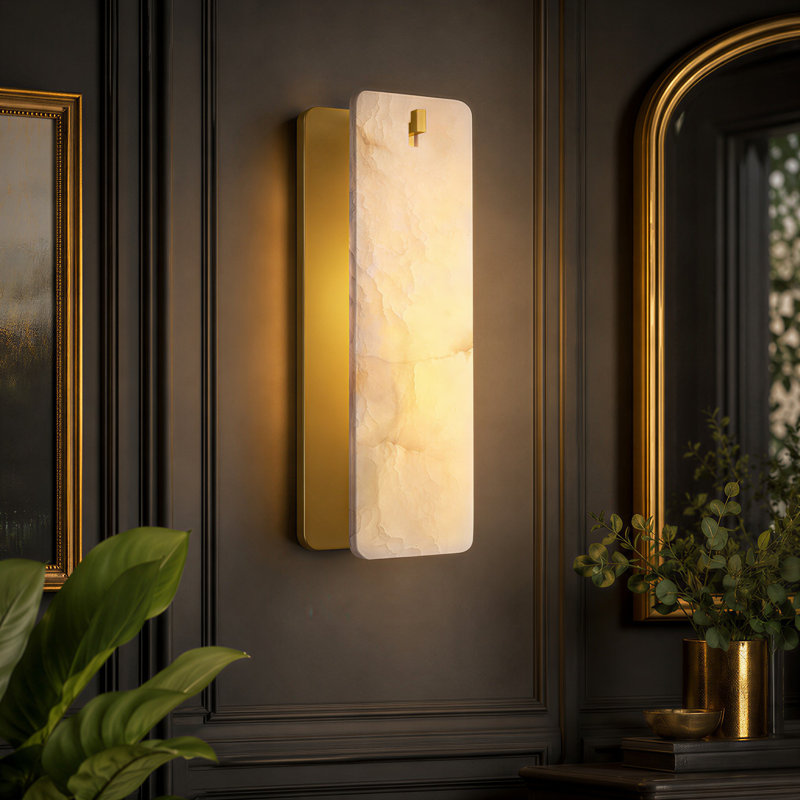 1 - Light 16" Dimmable Rectangular Gold Alabaster Flush Sconce