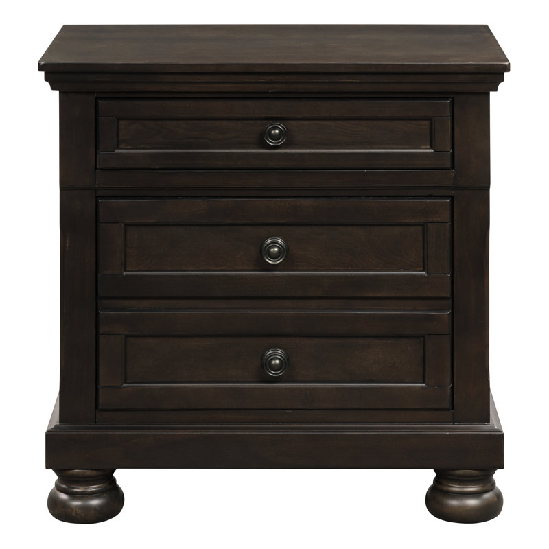 Table de chevet de chambre à coucher avec aspect brun grisâtre - 2 tiroirs, bois d'ingénierie, ornement en bois au fini transitionnel, accessoire d'ameublement