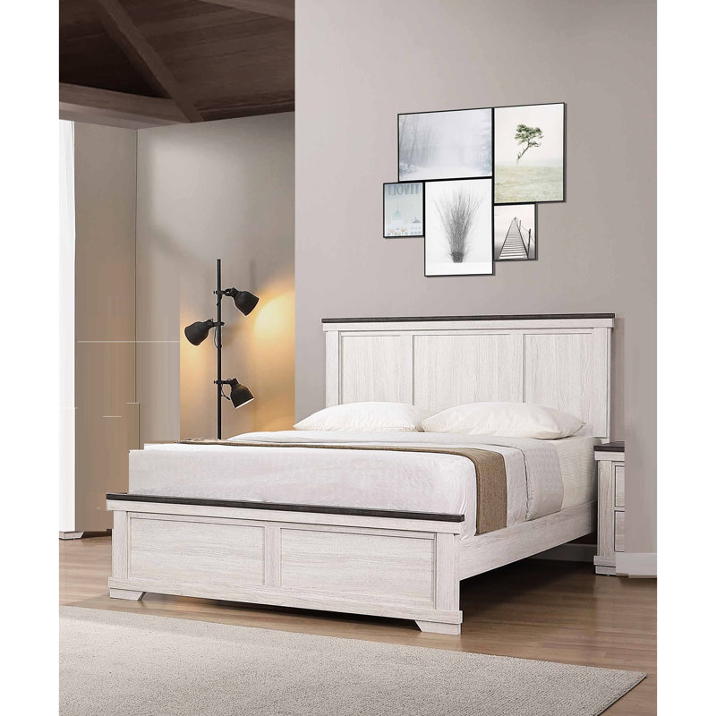 Rustic Style Queen Size Bed In Antique White & Brown, Bedroom Furniture With Clean Headboard And Included Slats Legs Panel Brown Finish