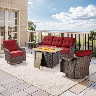 Lisandro 5-Piece All-Weather Outdoor Wicker Rectangle Fire Pit Conversation Set With Swivel Gliders And Side Table For Patio＆Garden