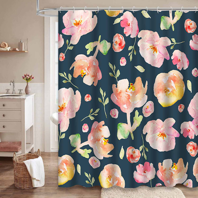 Mignon rideau de douche à fleurs tropicales bleu marine avec 12 crochets, L 72 po x l 84 po