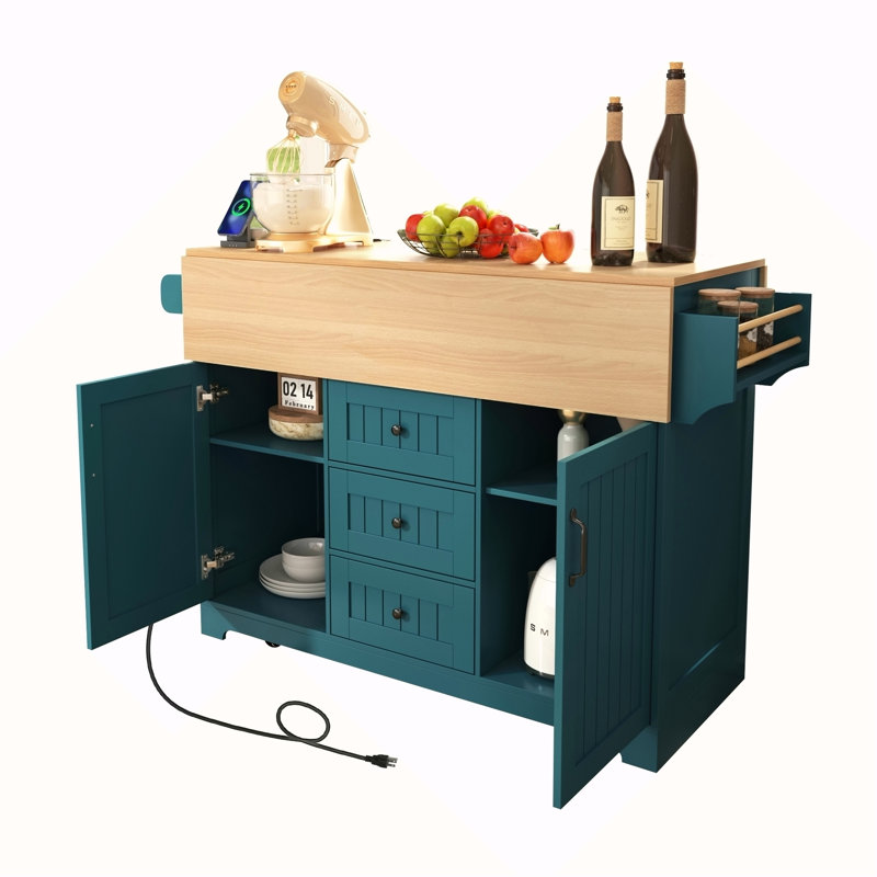 55.7'' Large Kitchen Island With 2 Drop Leaf,, Rolling Kitchen Cart On 5 Wheels With Power Outlet, Folding Storage Dining Table With Spice & Towel Rack , 3 Drawers, For Kitchen, Dining Room