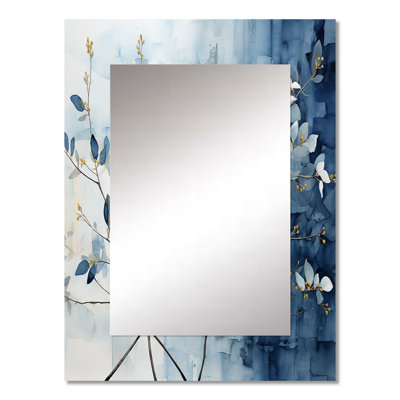 Blue And Grey Leave On Branch I - Leaves Large Mirror, Traditional Decorative Wall Mirror, Printed Metal Art
