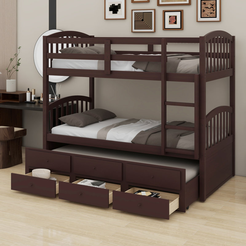 Bunk Bed With Ladder, Safety Rail, Trundle, Drawers, Espresso
