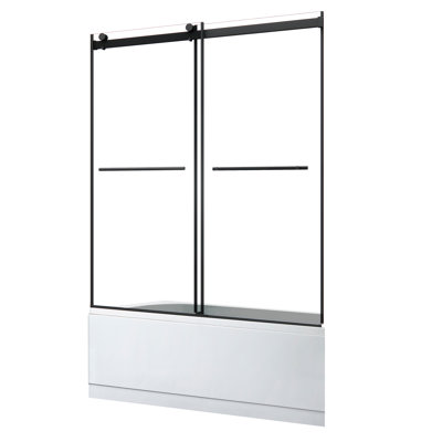 Belizzi 60" W x 58" H By Pass Frameless Exposed Roller Tub Door in Matte Black with Clear Glass